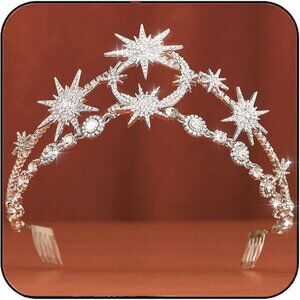 Star Moon Crown Silver Bride Wedding Headband Rhinestone Tiara Goddess Headpiece